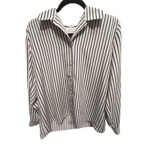 Vintage Leslie Fay Haberdashery Black Striped Button-Down Blouse Size 12 1980s